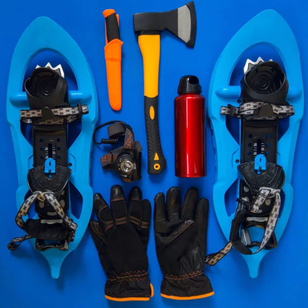 Kit of gear for hiking, adventure and survival during winter