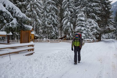 Uzun yürüyüşe çıkan kimse, büyük sırt çantası ile yolda yürürken 