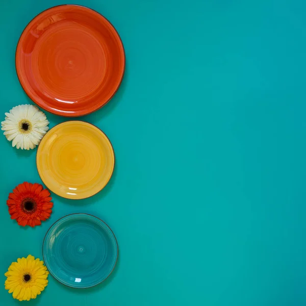 Summer background - three colorful plates with three flowers