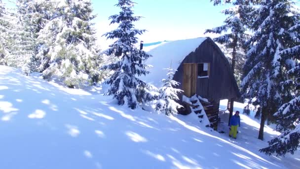 Adventurera 女性は巨大な雪に覆われた松の木の中で 山の中の古い木造の小屋の屋根裏部屋に木製の階段を します 山の日当たりの良い夜 — ストック動画