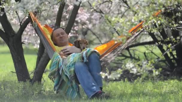 Homem Despreocupado Com Seu Cão Engraçado Dachshund Relaxa Uma Rede — Vídeo de Stock
