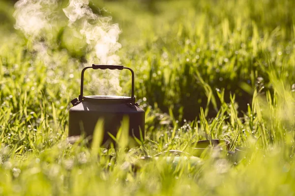 Küçük çelik su ısıtıcısı gaz brülörlü ortasında yemyeşil bir yeşil üzerinde kaynar 