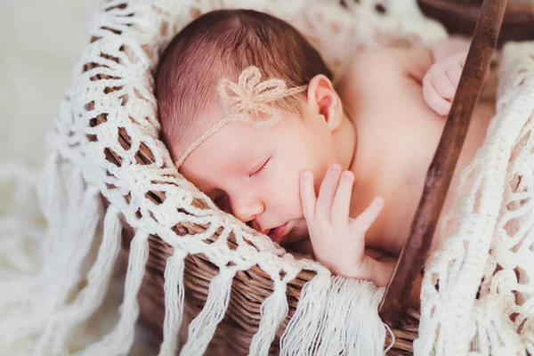 Um bebê que dorme em um cesto — Fotografia de Stock