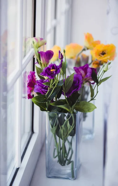 Virágok egy vázában az ablakon — Stock Fotó