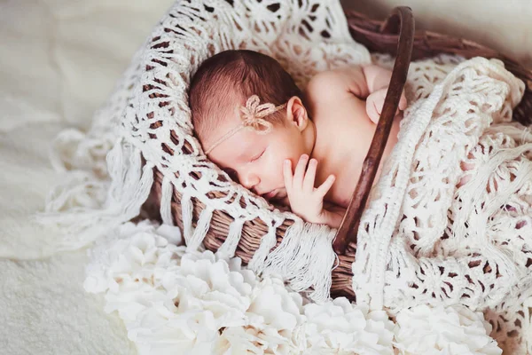 Un bebé que duerme en una canasta —  Fotos de Stock