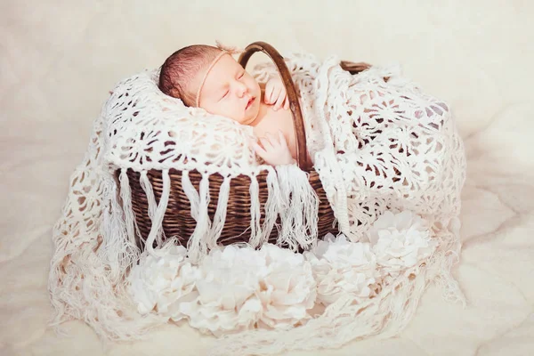 Un bebé que duerme en una canasta —  Fotos de Stock