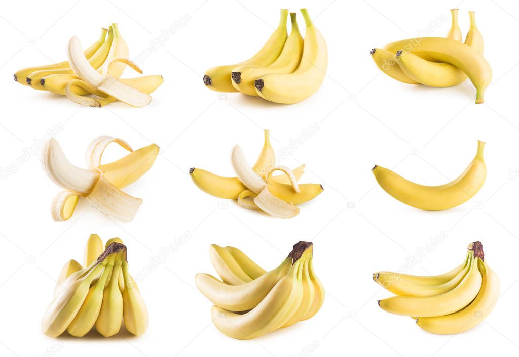 Collage of different photos of bananas on a white background