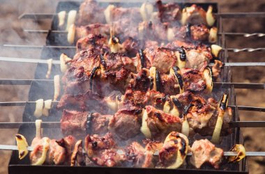Ateş üzerinde pişirme et. Şiş kebap ızgara (close)