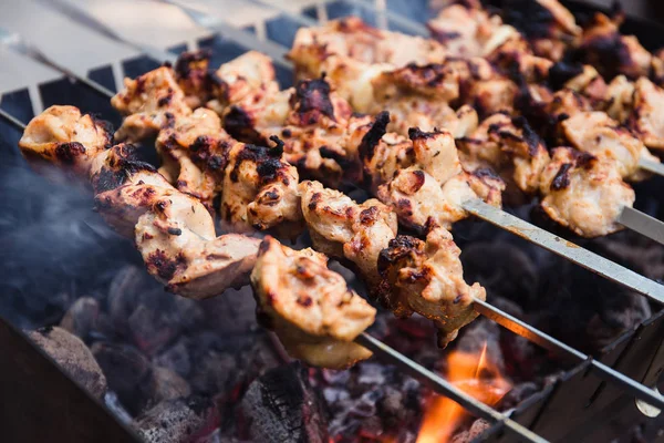 Cooking Meat Fire Shish Kebab Grill Close — Stock Photo, Image