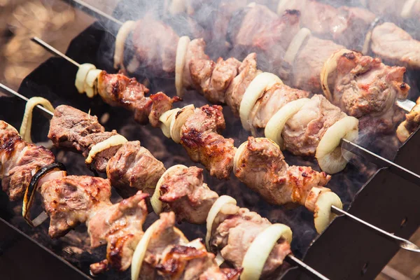 Matlagning Kött Elden Shish Kebab Grillen Nära — Stockfoto