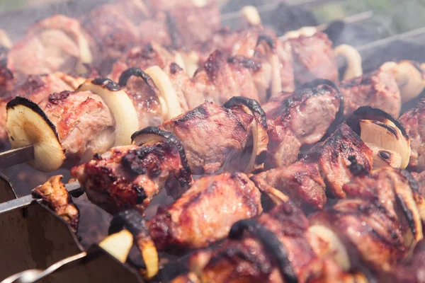 Matlagning Kött Elden Shish Kebab Rostning Grillen Nära — Stockfoto