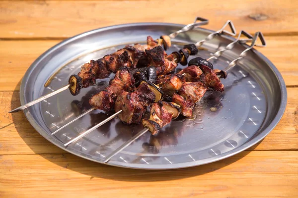 Skewers Tray Wooden Background — Stock Photo, Image