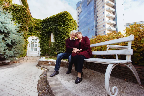 Pareja Ancianos Enamorados Caminando Parque Otoño Los Ancianos Están Sentados —  Fotos de Stock