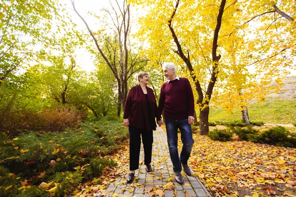 Pareja Mayor Enamorada Caminando Parque Otoño —  Fotos de Stock