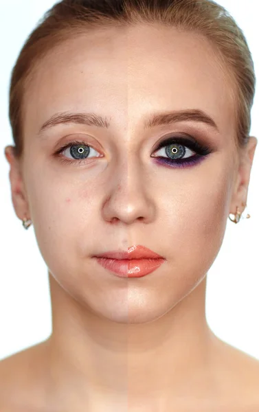 Portret Młodej Kobiety Kolaż Przed Makijażu Izolacja Białym Tle — Zdjęcie stockowe