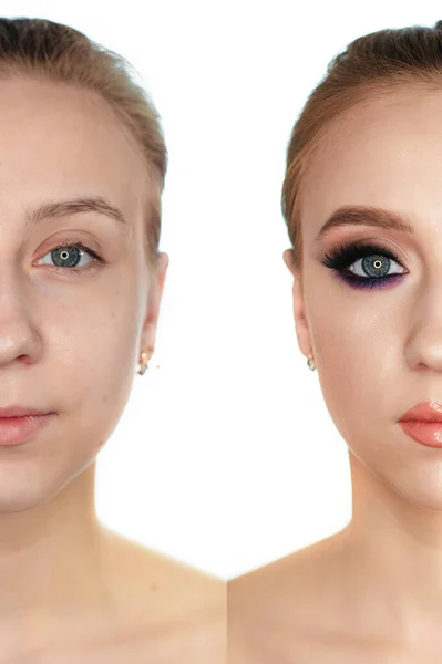 Retrato Una Joven Collage Antes Después Del Maquillaje Aislar Sobre — Foto de Stock