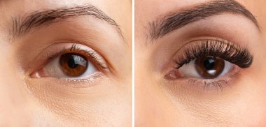 Kirpik uzantılarından önce ve sonra kadın portresi