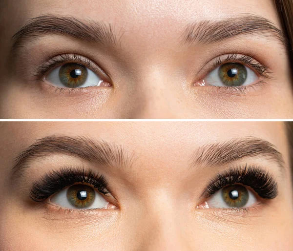 Frauenporträt Vor Und Nach Wimpernverlängerungen — Stockfoto