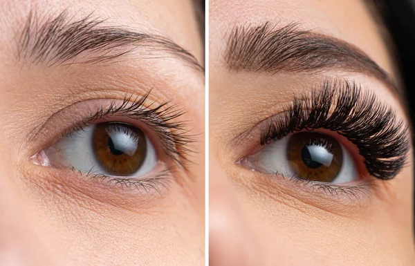 Potret Perempuan Sebelum Dan Sesudah Ekstensi Eyelash — Stok Foto