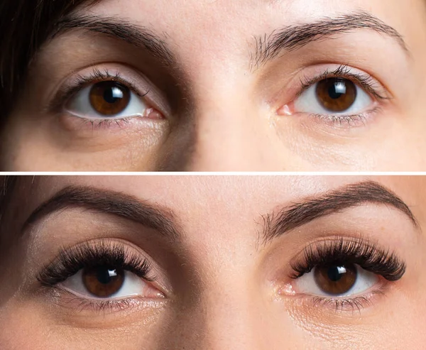 Female portrait before and after eyelash extensions