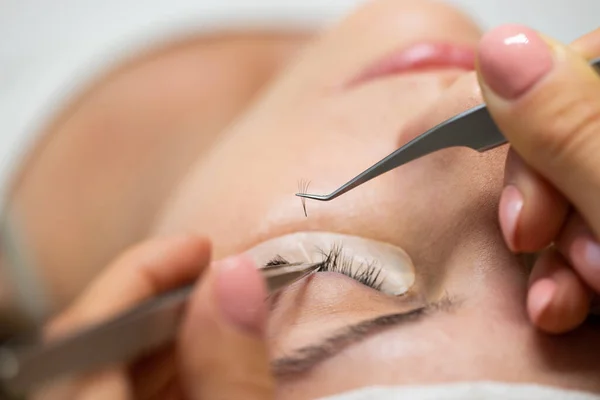 The master builds up large colored eyelashes to the client. Preparation for beauty photography. Creating an image.