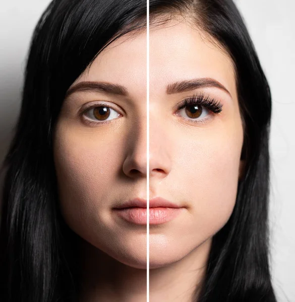 Female portrait before and after eyelash extensions