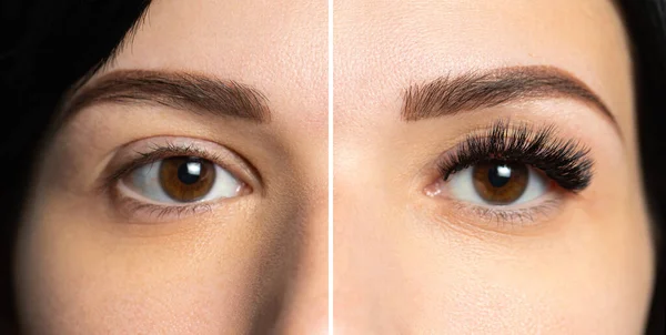Female portrait before and after eyelash extensions