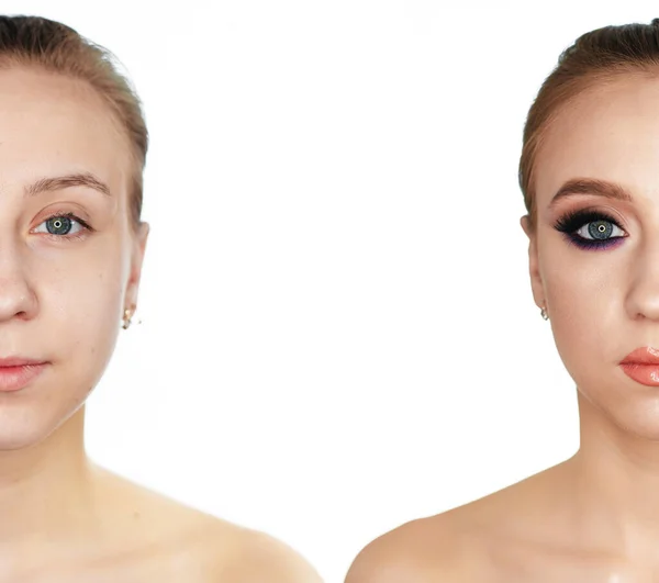 Ritratto Una Giovane Donna Collage Prima Dopo Trucco Isolato Sfondo — Foto Stock