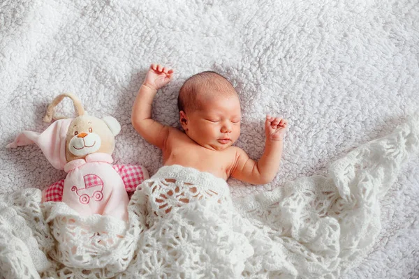 Bebé Recién Nacido Acuesta Con Oso Debajo Una Manta Calada —  Fotos de Stock