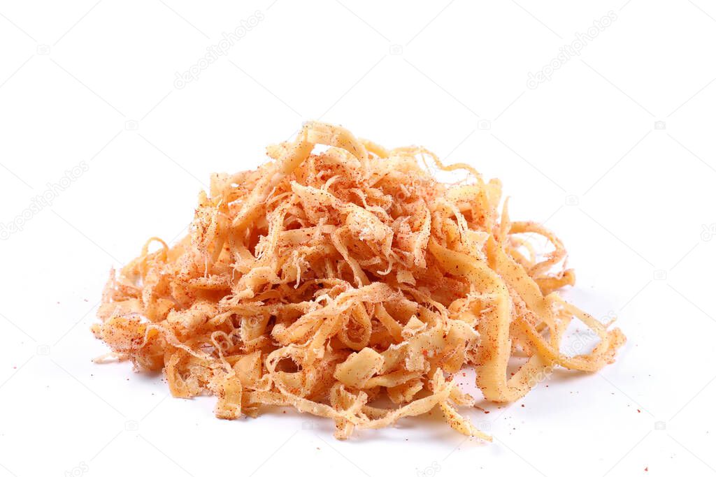 Shredded Squid  with pepper on a white background (isolated). Sn