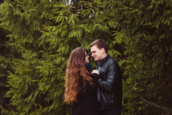 モミの木の背景に抱き合っているカップルを愛する — ストック写真