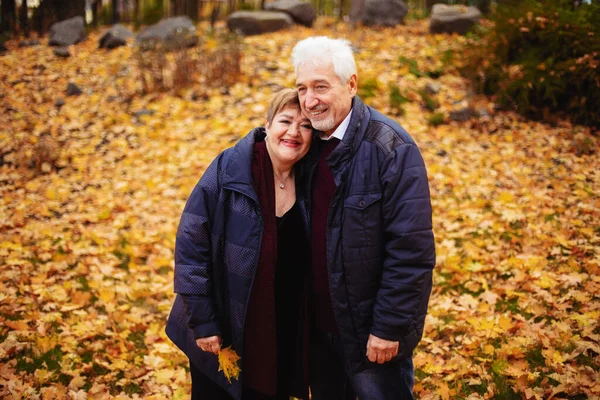 Pareja Ancianos Enamorados Caminando Parque Otoño Las Personas Mayores Abrazan —  Fotos de Stock