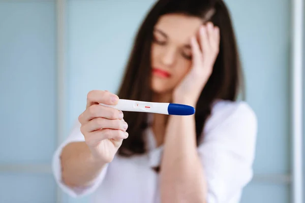 A young woman is shocked and sad when she sees a positive pregnancy test. Shows the test in camera