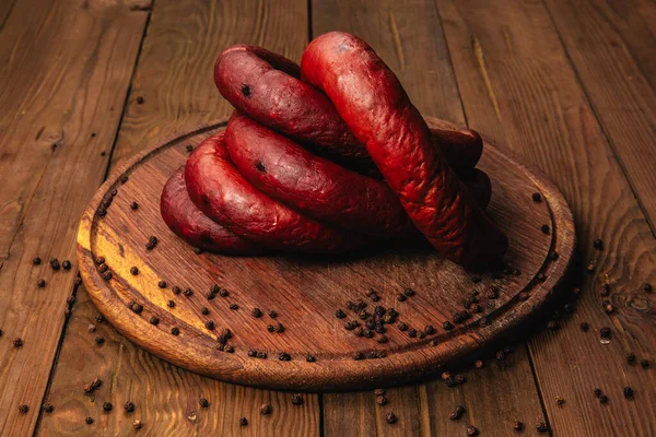 Different Types Raw Smoked Sausage Wooden Background — Stock Photo, Image