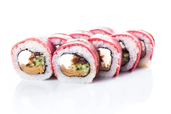 Rollos Sushi Sobre Fondo Blanco Aislado Cocina Tradicional Japonesa — Foto de Stock