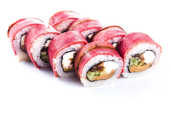 Rollos Sushi Sobre Fondo Blanco Aislado Cocina Tradicional Japonesa — Foto de Stock