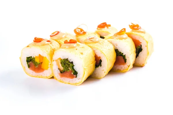 Rollos Sushi Sobre Fondo Blanco Aislado Cocina Tradicional Japonesa — Foto de Stock