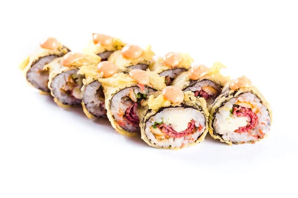 Rollos Sushi Sobre Fondo Blanco Aislado Cocina Tradicional Japonesa — Foto de Stock