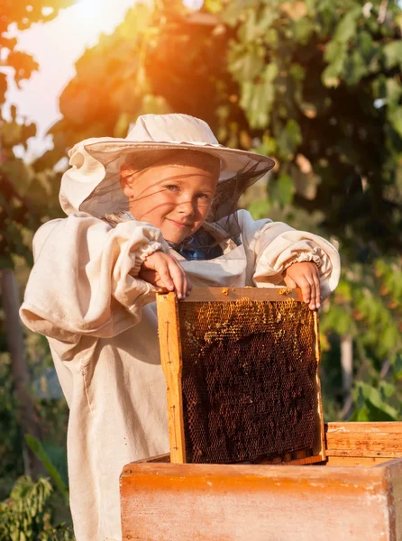 小さな少年の養蜂家は、ハイブの養蜂場 — ストック写真