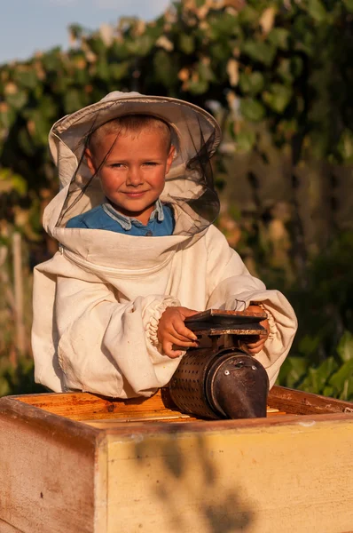 Imker portret van een jonge jongen die in de hand in de bijenteelt op korf met roker voor bijen werkt — Stockfoto