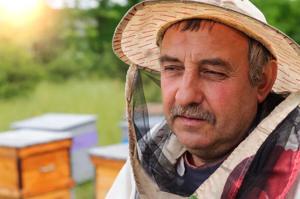 Ritratto di un apicoltore sull'apiario — Foto Stock