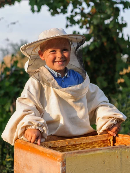 Μικρό αγόρι μελισσοκόμος λειτουργεί σε ένα μελισσοκομείο στην κυψέλη — Φωτογραφία Αρχείου