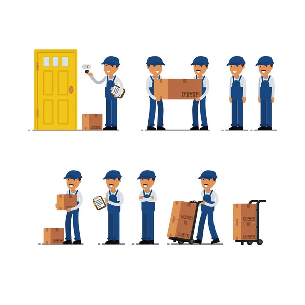 Repartidor en uniforme azul con cajas y documentos en diferentes poses. Ilustración vectorial — Vector de stock