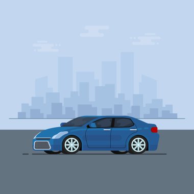 İzole vektör araba. Düz tasarım stili. Şehrin içinde belgili tanımlık geçmiş