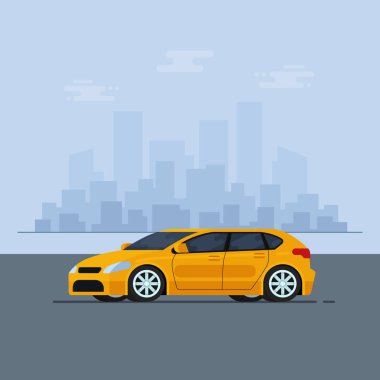 İzole vektör araba. Düz tasarım stili. Şehrin içinde belgili tanımlık geçmiş