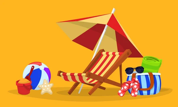 Concepto de vacaciones y viajes. Sombrilla de playa, silla de playa . — Vector de stock