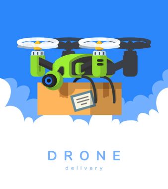Drone ile vektör çizim. Uçak teslim. Düz stil.