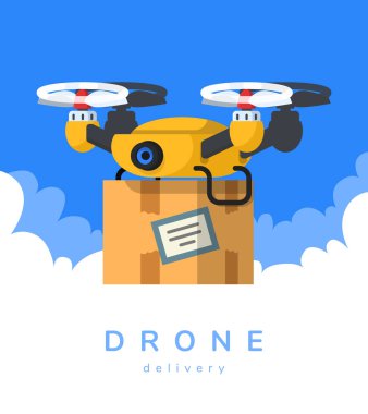 Drone ile vektör çizim. Uçak teslim. Düz stil.