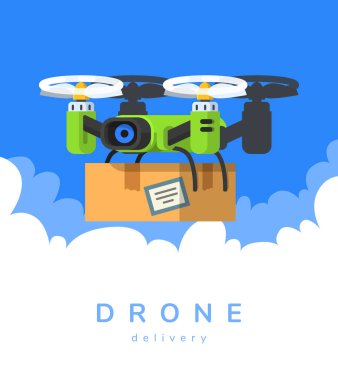 Drone ile vektör çizim. Uçak teslim. Düz stil.