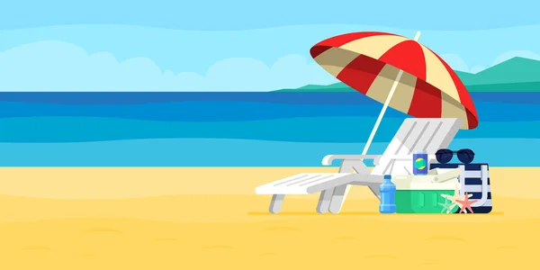 Concepto de vacaciones y viajes. Sombrilla de playa, silla de playa . — Vector de stock